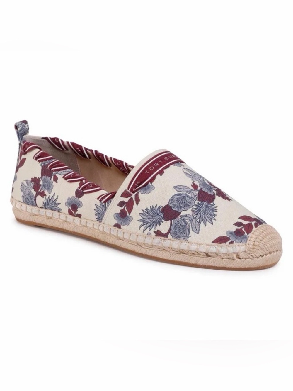TORY BURCH Grosgrain Whipstitch Floral Imperial Garnet Espadrilles Flat,Sz 7,NIB